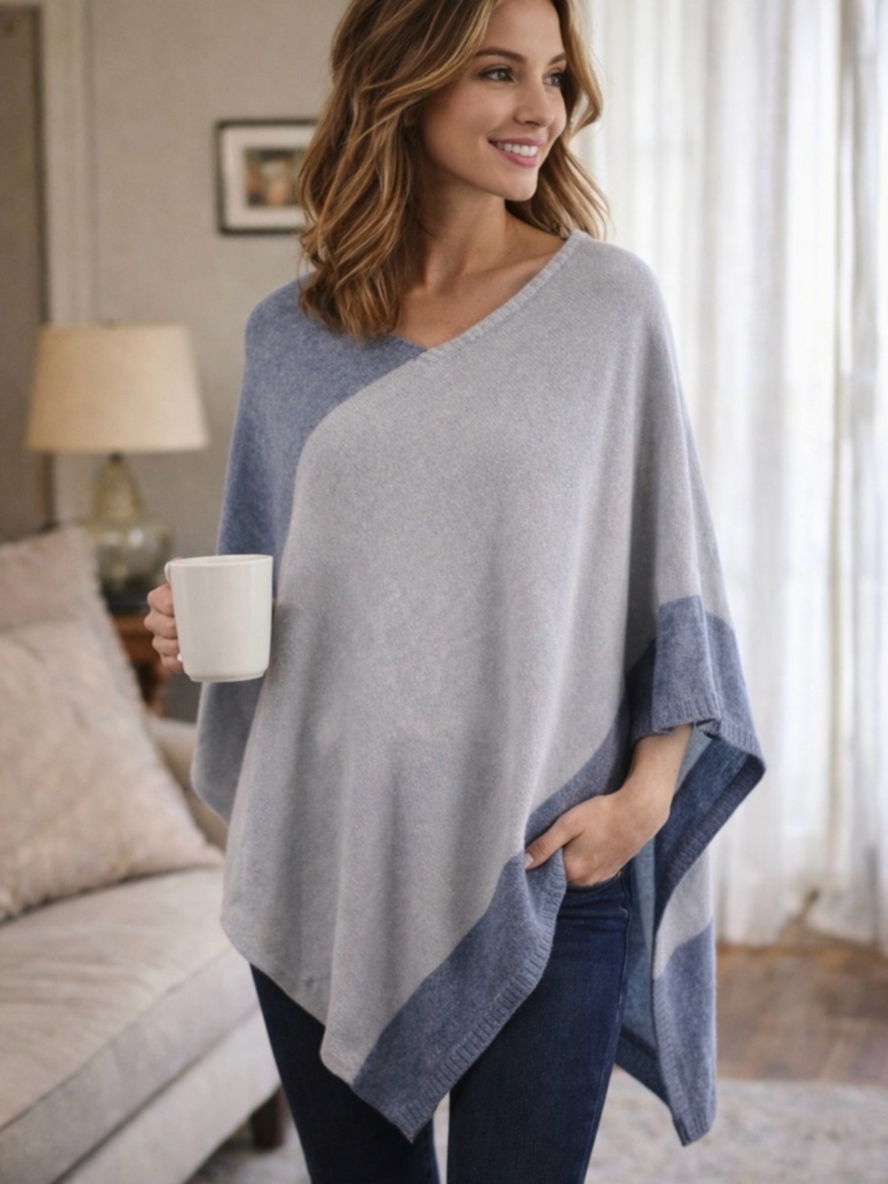 Beryll Cashmere Colorblock Poncho Wrap | Soft Blue Neutral Layering Piece